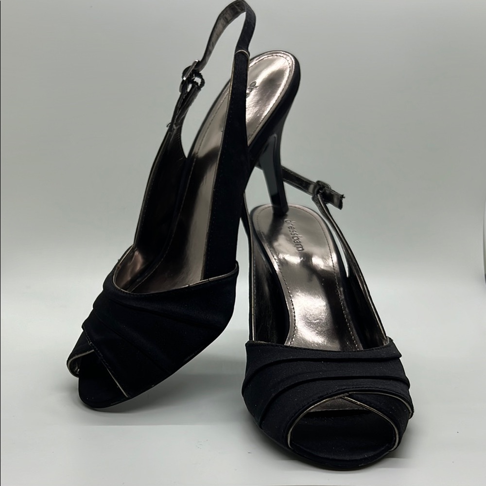NEW WOMENS BLACK SATIN PEEP-TOE SLINGBACKS SIZE 8M, DRESSY WEDDING FORMAL